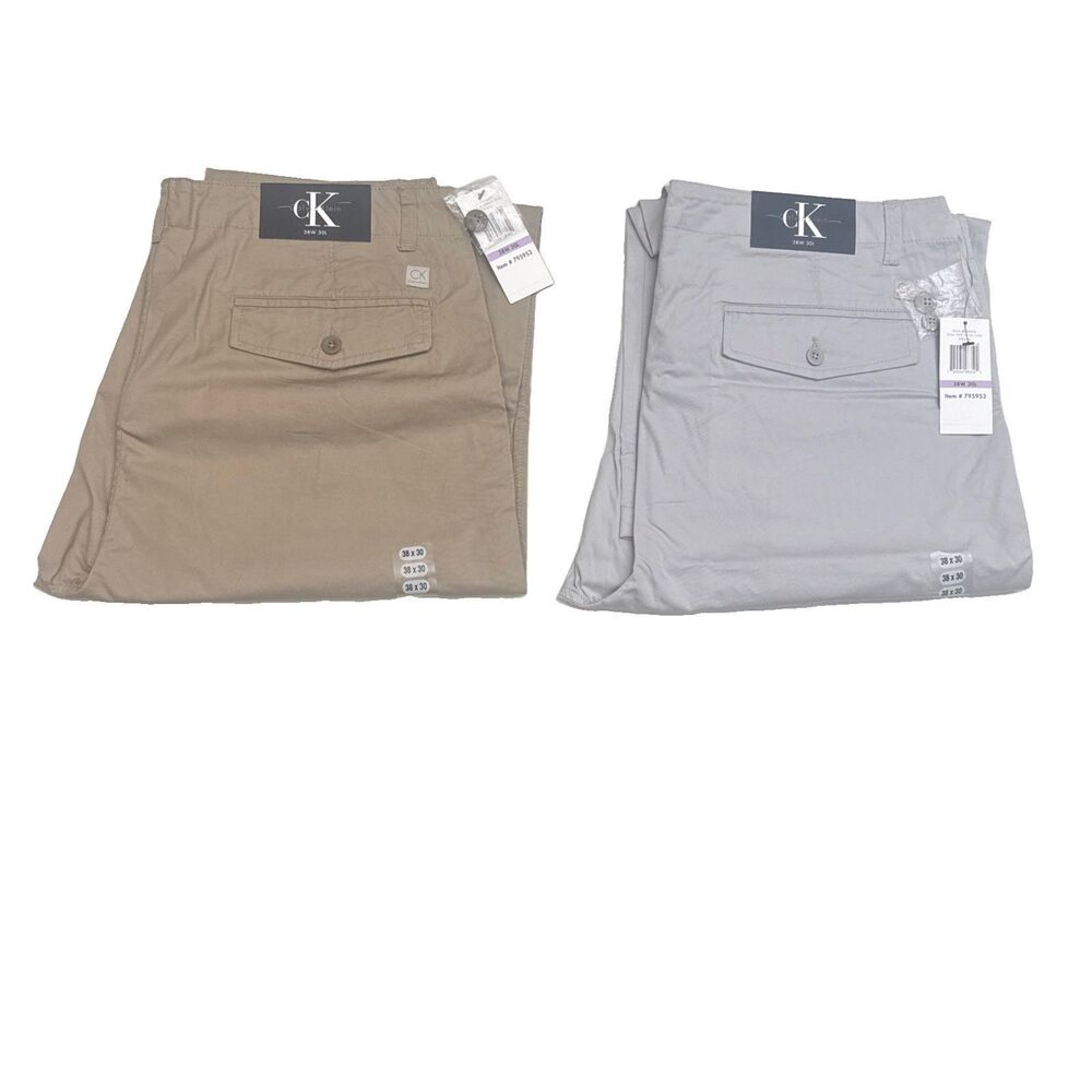 2 Pairs: Calvin Klein Pants Mens 38x30 Classic Khaki & Grey Violet Lifestyle NEW
